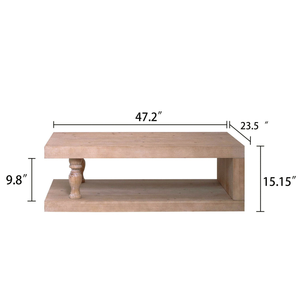 Rustic Solid Wood Coffee Table With Open Shelf, Modern Farmhouse Design - Light Natural / Natural
