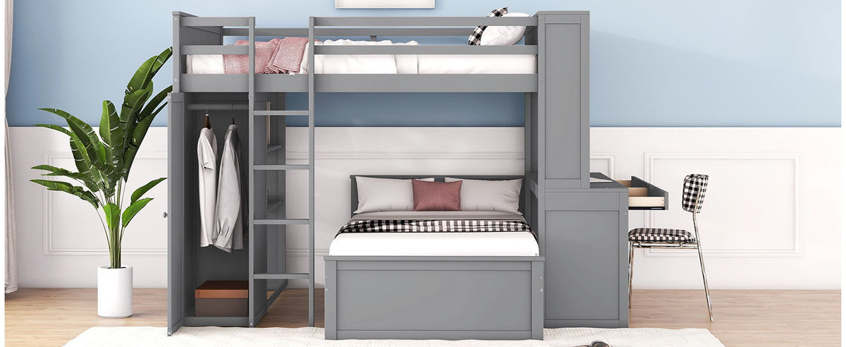 Loft Bed With A Twin Size Standalone Bed, Shelves, Desk, And Wardrobe