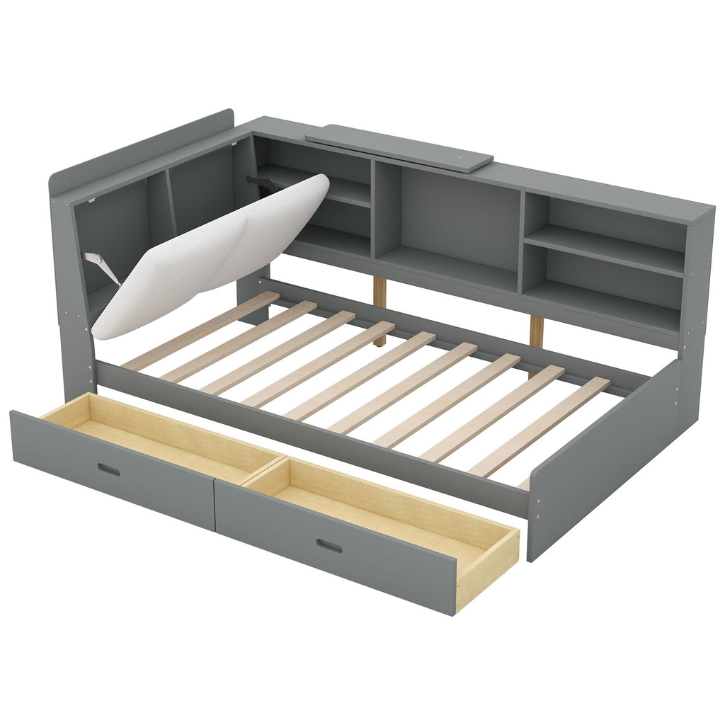 Platform Bed With Storage Headboard, Shelves And 2 Drawers