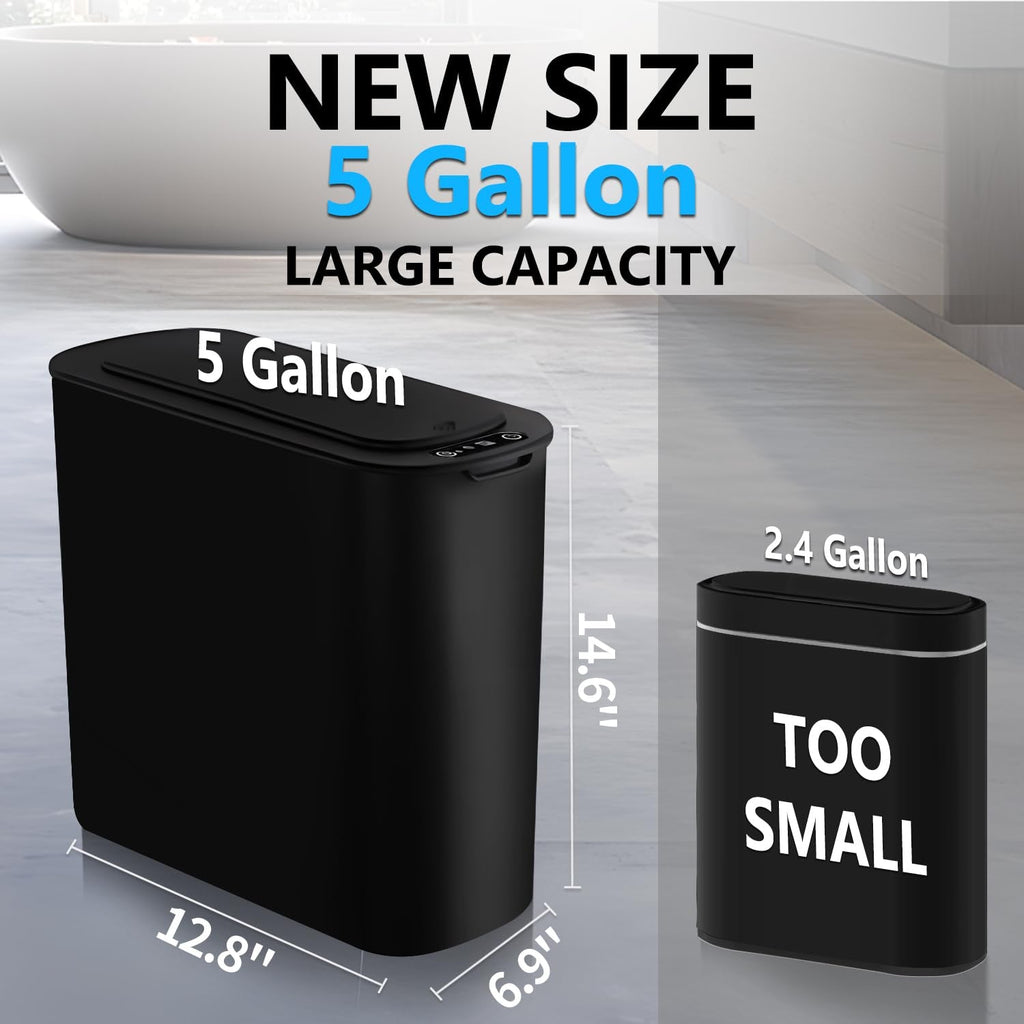 TIPGO 5 Gallon Motion Senor Bathroom Trash Can with Lid, Automatic Garbage Can Touchless, Smart Plastic Waste Basket for Narrow Spaces, Bathroom, Office, Bedroom, Living Room (Black)