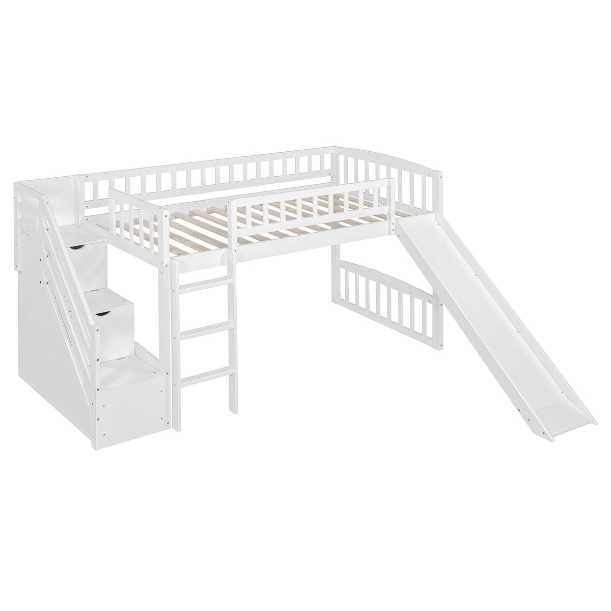 Loft Stairway Bed With 2 Drawers, Convertible Ladder And Slide