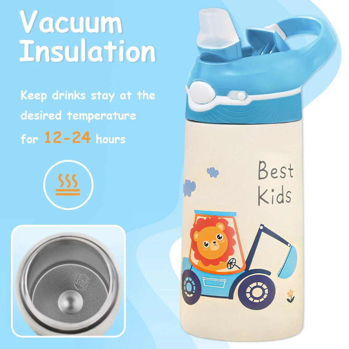 13.50oz. Insulated Stainless Steel Water Bottle Leak-proof with Straw Push Button Lock Switch