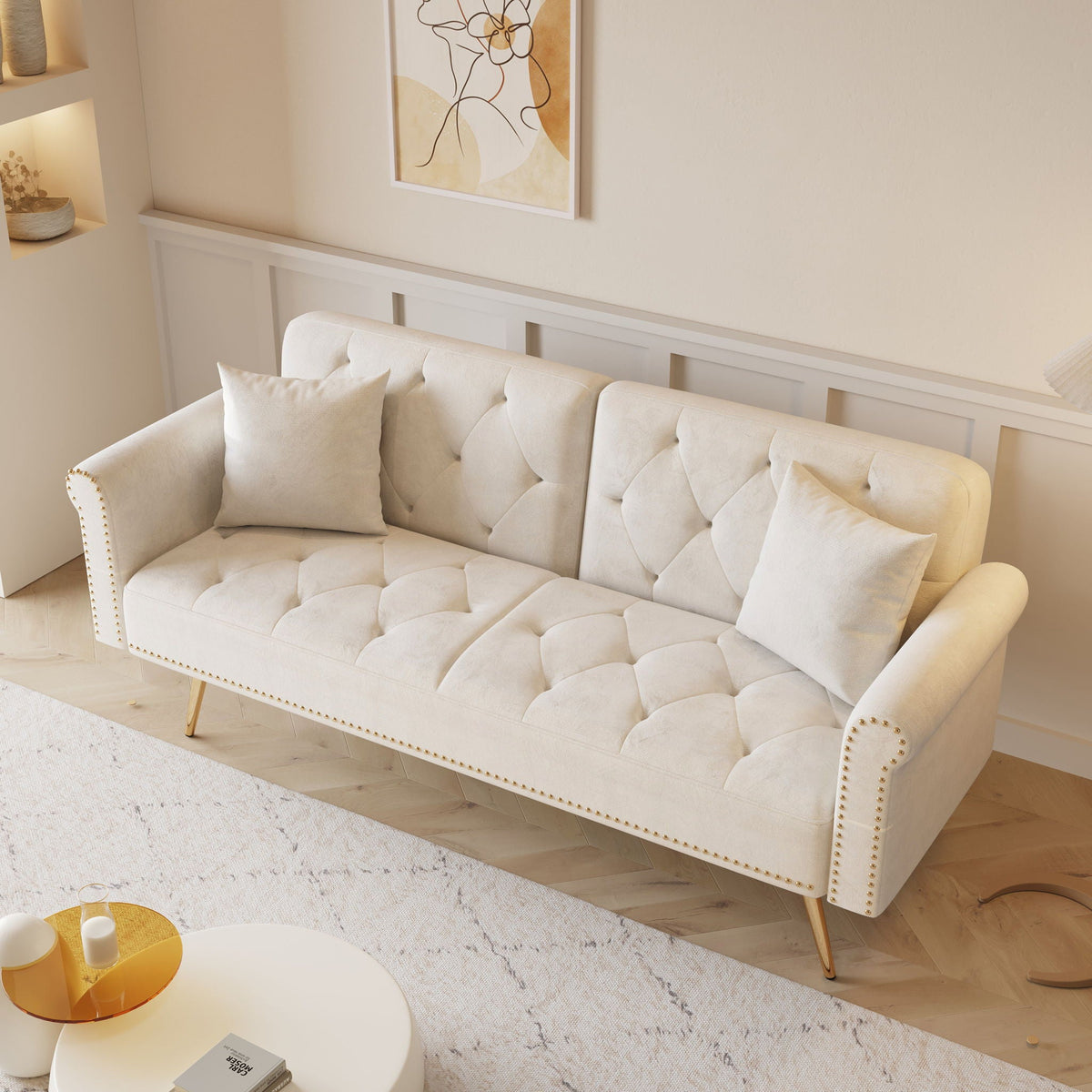 Luxurious Sofa Bed With Nail Head Trim And Matching Pillow