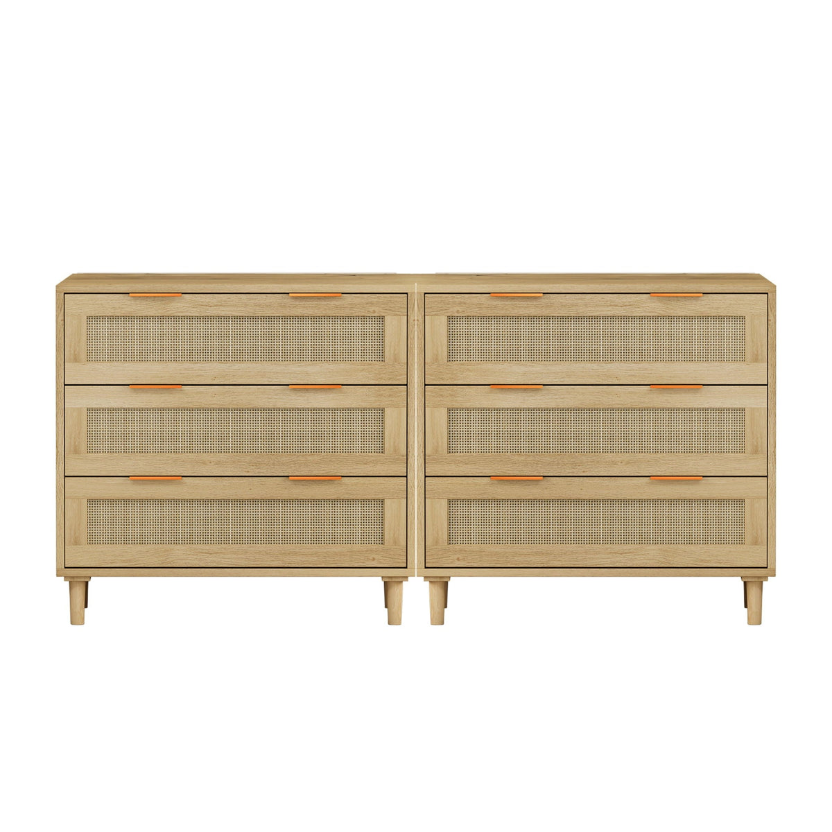 3 Drawers Rattan Storage Cabinet Rattan Drawer, For Bedroom, Living Room, Dining Room, Hallways (Set of 2) - Oak
