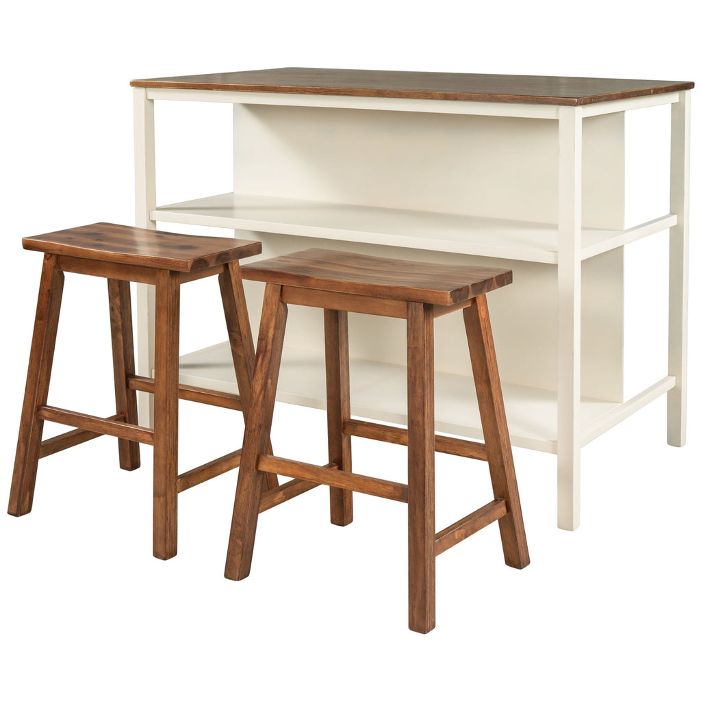 Rustic 3 Piece Stationary Kitchen Island Set With 2 Seatings, With 2 Open Shelves