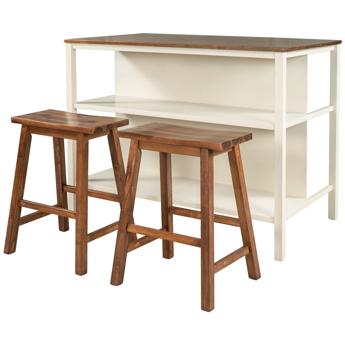 Rustic 3 Piece Stationary Kitchen Island Set With 2 Seatings, With 2 Open Shelves
