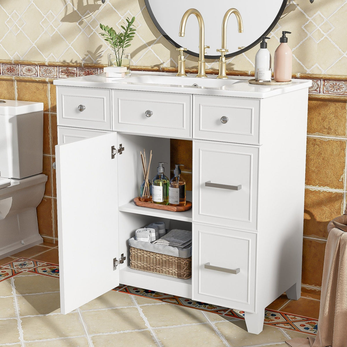 Bathroom Vanity With Ceramic Sink, Soft Close Doors, Adjustable Shelves