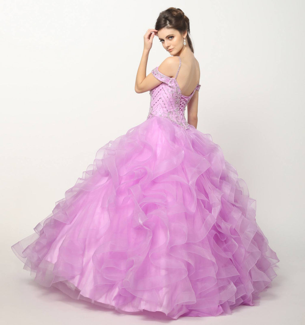 Juliet 1421 Cinderella Ball Gown Ruffled Tulle Cold Shoulder Embroidered Bodice
