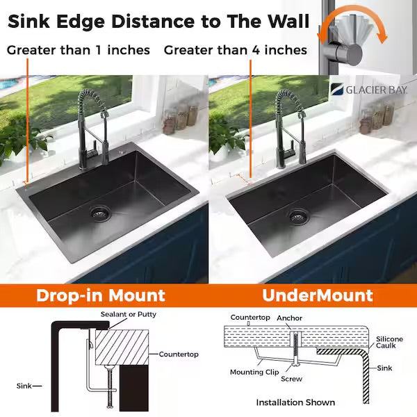 Open Box Glacier Bay 33 in. Drop-In Single Bowl 18 Gauge Gunmetal Black Stainless Steel Kitchen Sink