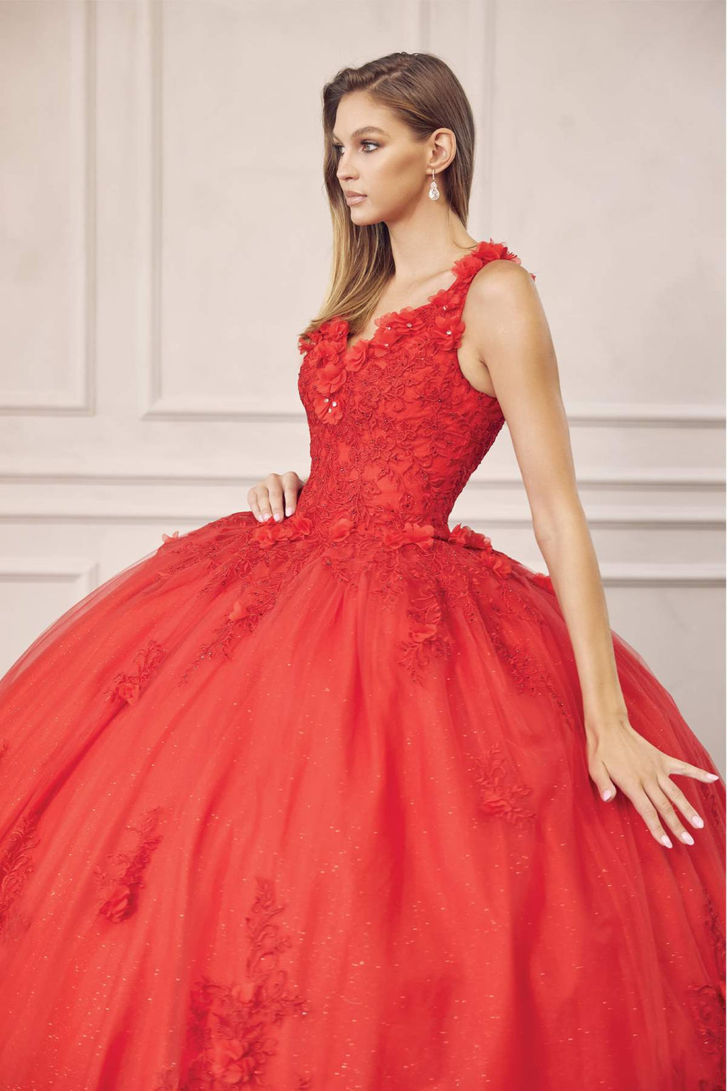 Juliet 1437 Floral Applique Quinceanera Ball Gown With 3D Flowers