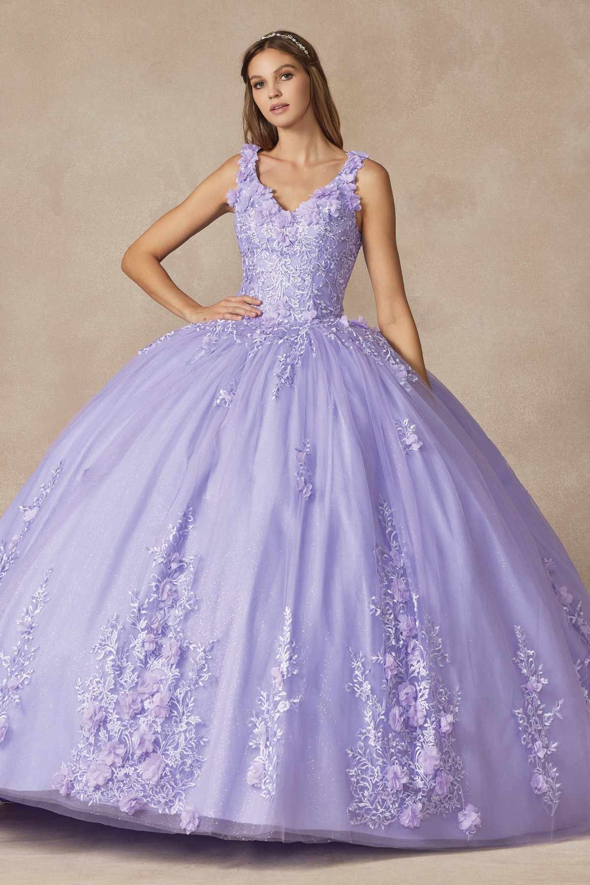 Juliet 1437 Floral Applique Quinceanera Ball Gown With 3D Flowers