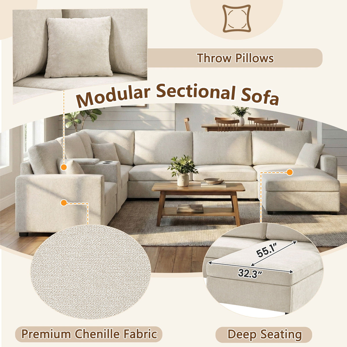 Modular 5 Seat U-Shape Sectional Sofa With Chaise Lounge, Built In Cup Holders And Storage Drawer