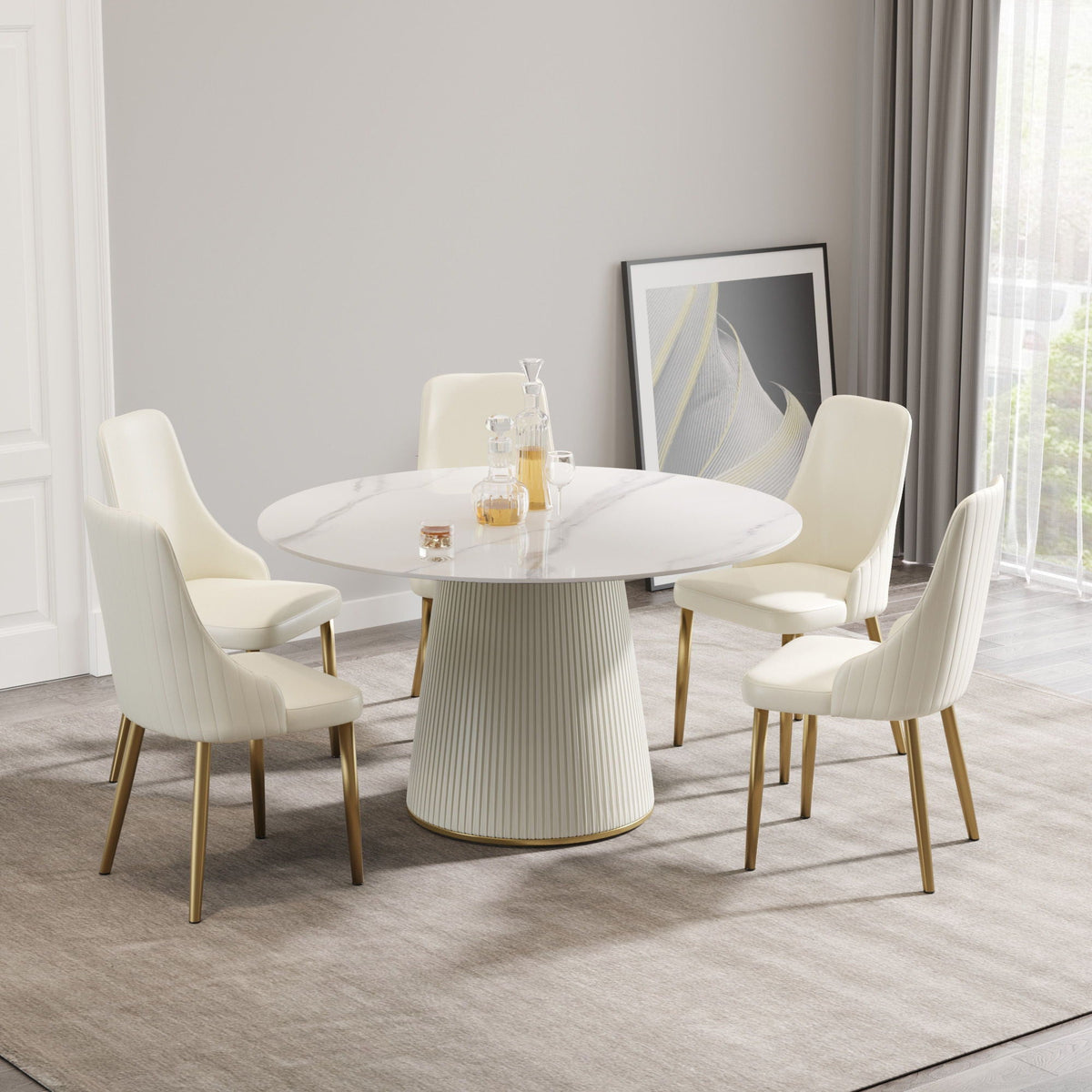 Modern Artificial Stone Round Plywood Base Dining Table, Can Accommodate 6 People, (Not Including Chairs) - White / Beige