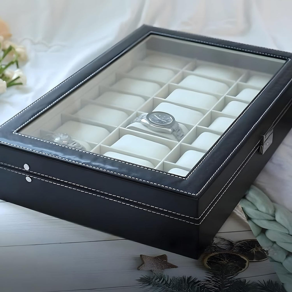 24 Slot Watch Box for Men, Watch Cases for Men, Watch Display Case, Glass Top PU Leather Watch Storage Organizer with Removable Pillows for Him