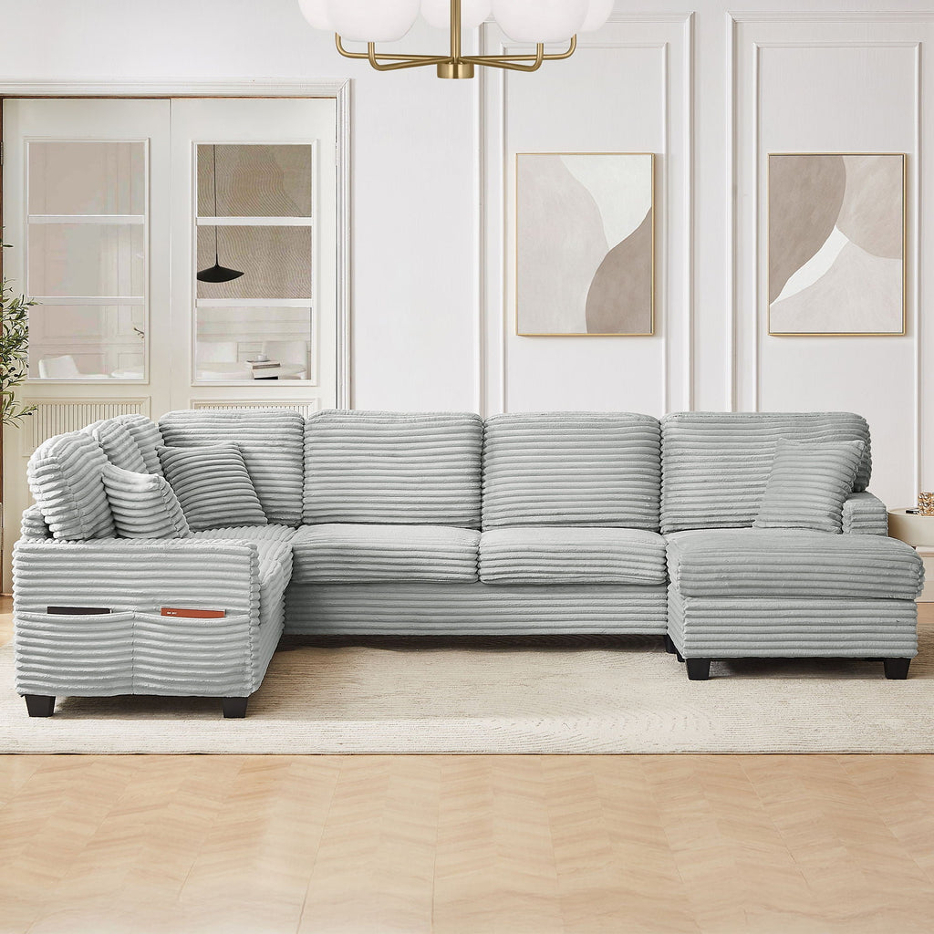Upholstered U-Shaped Sectional Sofa With Movable Ottoman And Side Storage Pockets