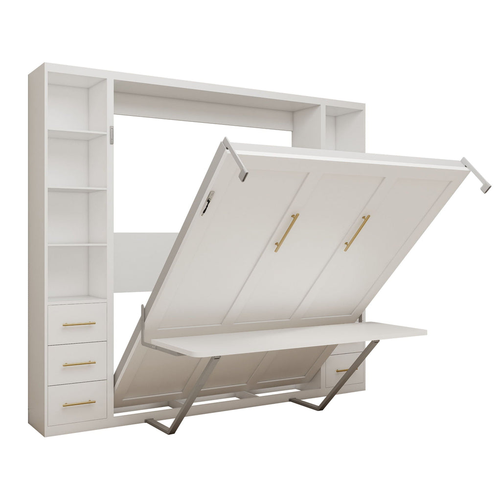 Queen Size Murphy Wall Bed With Side Storage Cabinets - White