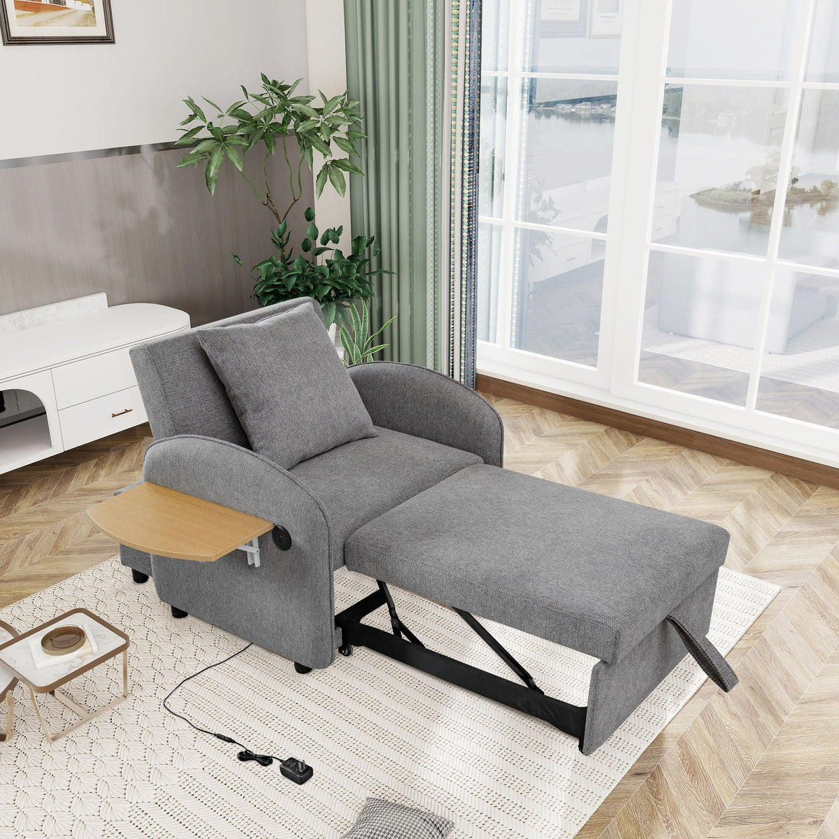 Convertible Single Chair Bed 3 In 1 Sofa With Computer Board And USB Ports - Gray