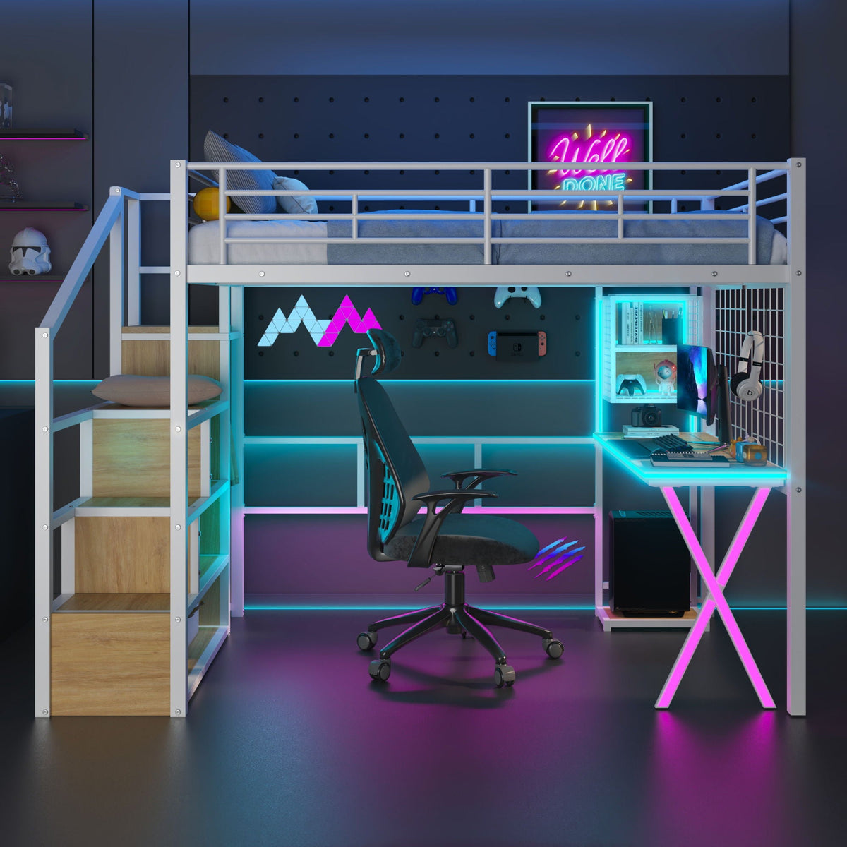 Loft Bed With Built In Work Station, Wardrobe, Storage Staircase And LED