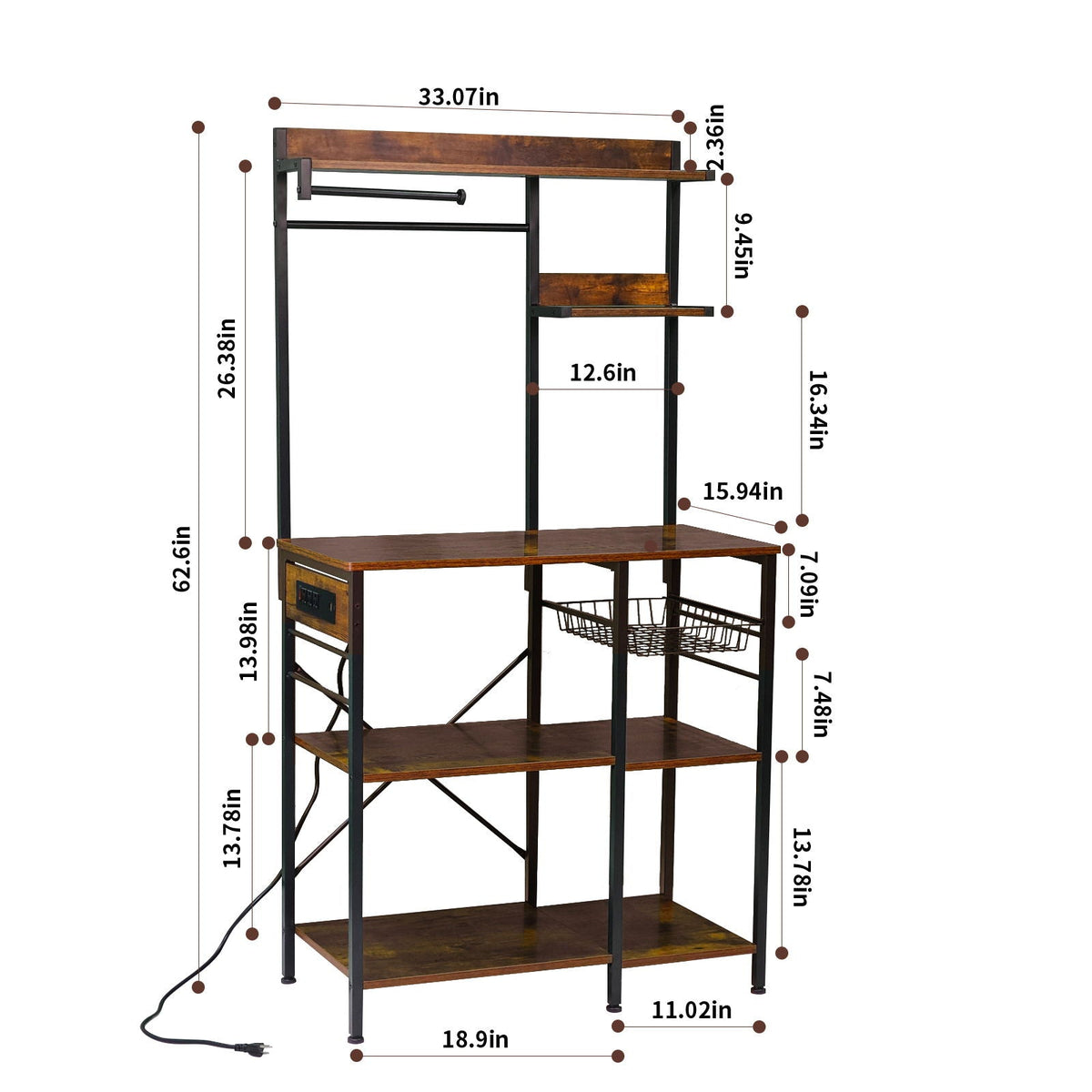 Bakers Rack With Power Outlet, Coffee Bar With S-Shaped Hooks, Kitchen Shelf With Wire Basket - Black / Brown
