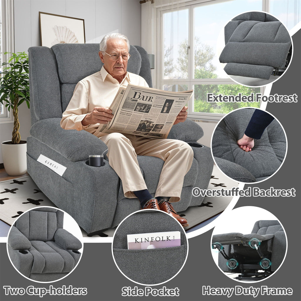 Power Lift Recliner Chair With Extended Footrest, Remote Control, Cup Holders, And Side Pockets