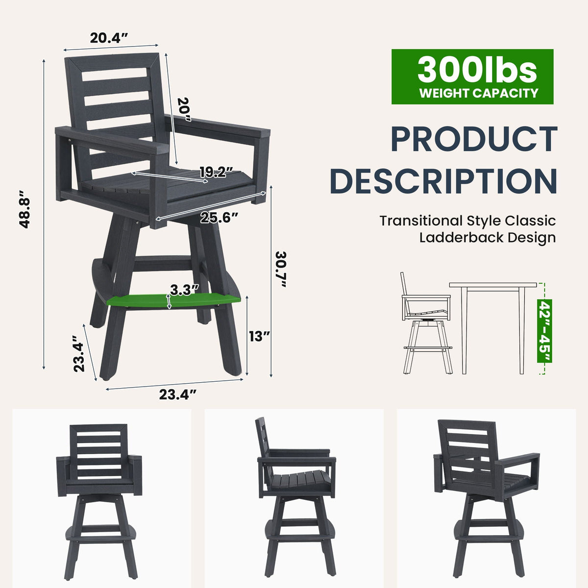 Outdoor Swivel Bar Chair, Ladderback With Wide & Thickened Frame