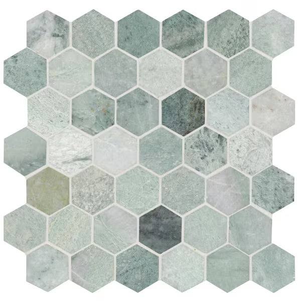 Open Box MSI Icelandic Green 2 in. Hexagon 12 in. x 12 in. x 0.38 in. Polished Marble Mesh-Mounted Mosaic Tile (9.8 sq. ft./case)