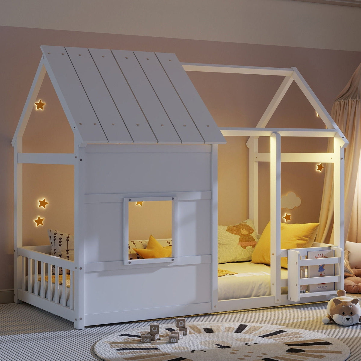 House Floor Bed With 7 Color LED Light, Built In Bookshelf