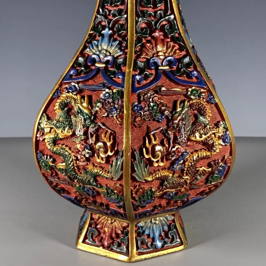 Beijing Carved Red Lacquer (Tihong) Dragon Vase – Hexagonal Six-Prism Appreciation Bottle