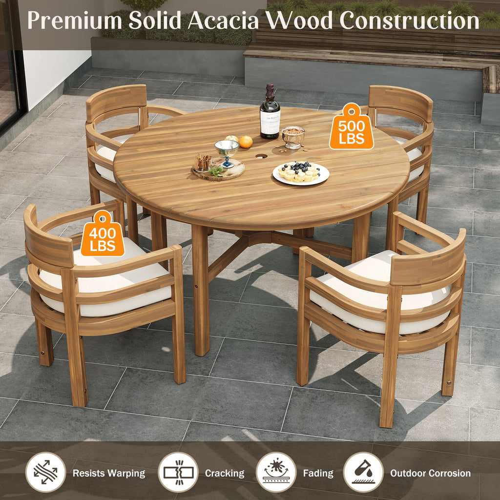 5 Piece Round Patio Table & Cushioned Armrest Chairs, Outdoor Dining Set With Umbrella Hole