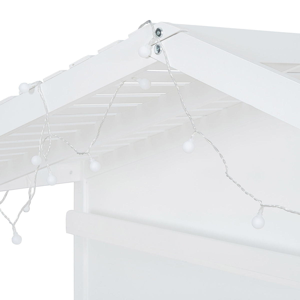 House Bed With Shelves, Window And Sparkling Light Strip On The Roof