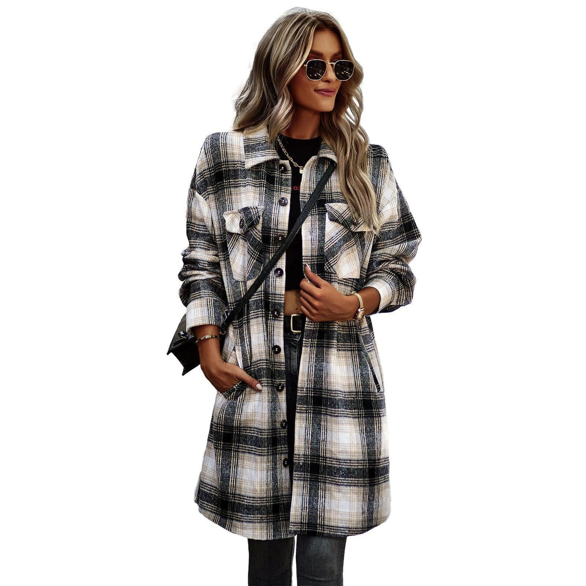 Women's Slim Fit Plaid Cardigan Coat – Long Sleeve Woolen Outerwear