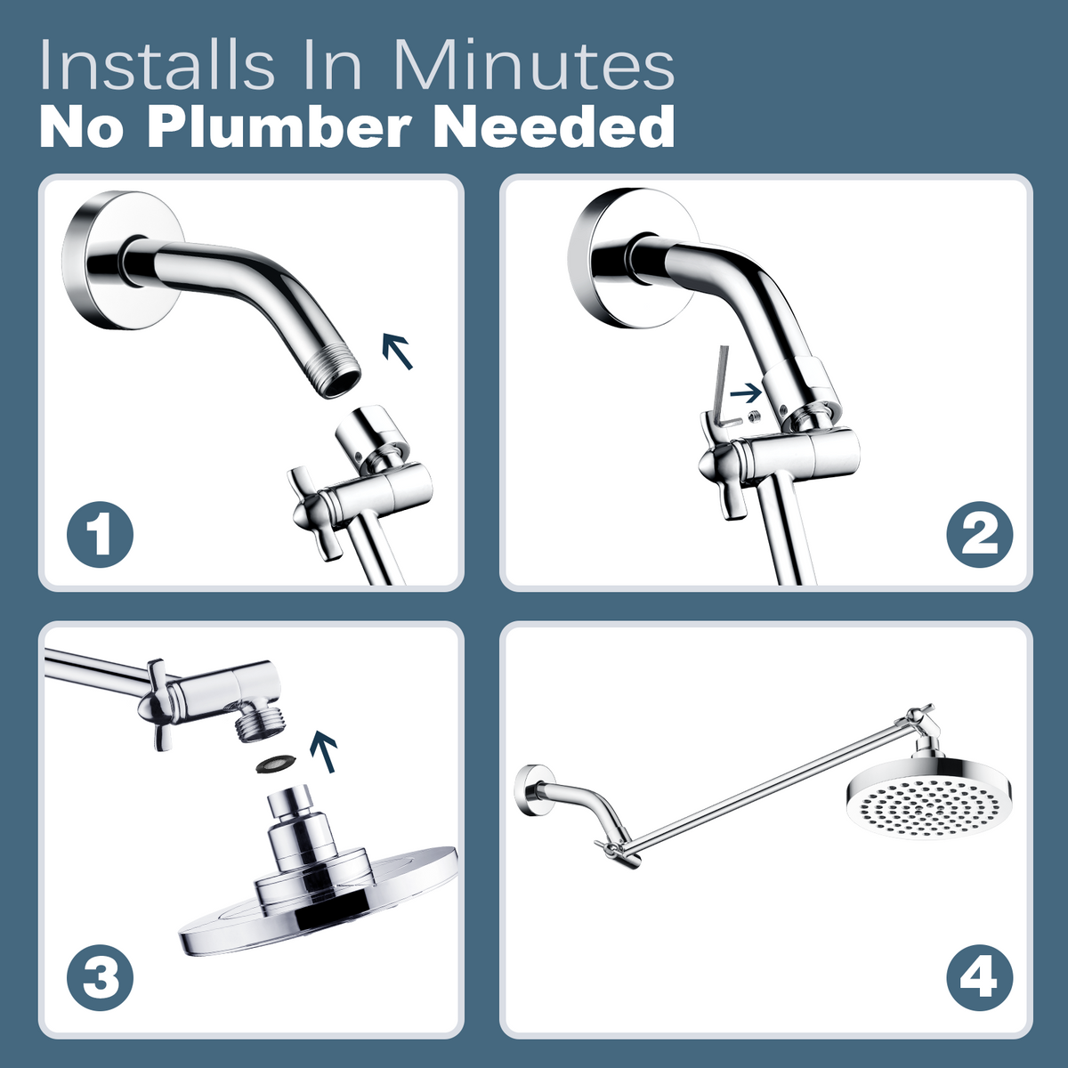 15 Inch Solid Brass Shower Head Extension Arm, Height & Angle Adjustable