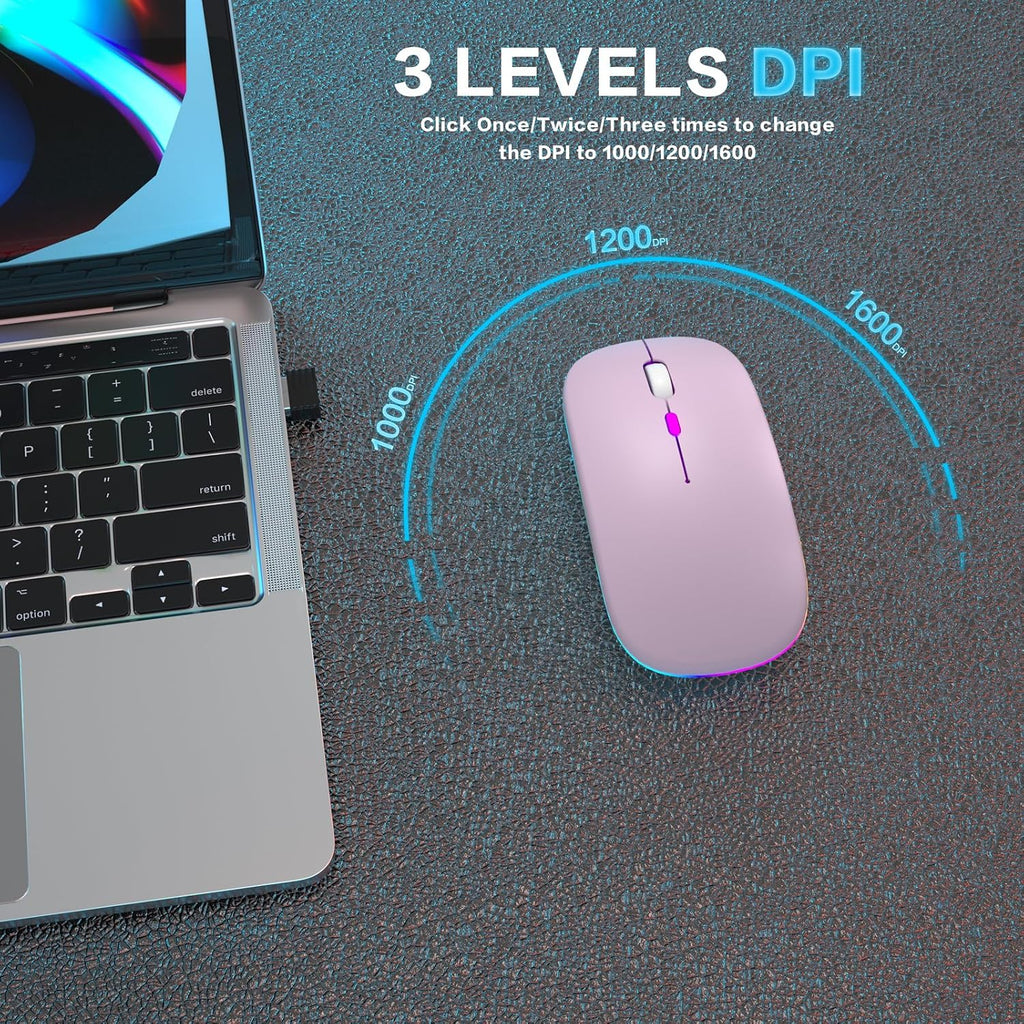 Wireless Bluetooth Mouse, Rechargeable, Dual Mode Bluetooth 5.2 & 2.4G USB, LED Lights, Slim, Silent, Portable Computer Mouse for Laptop, PC, Macbook, Ipad, Tablet (Pink)