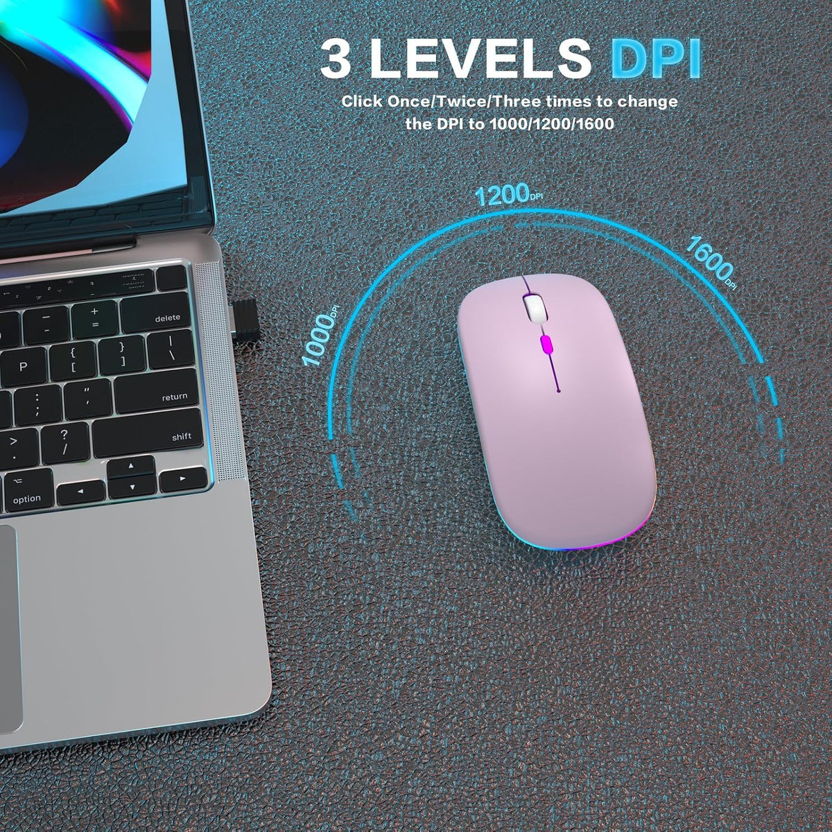 Wireless Bluetooth Mouse, Rechargeable, Dual Mode Bluetooth 5.2 & 2.4G USB, LED Lights, Slim, Silent, Portable Computer Mouse for Laptop, PC, Macbook, Ipad, Tablet (Pink)