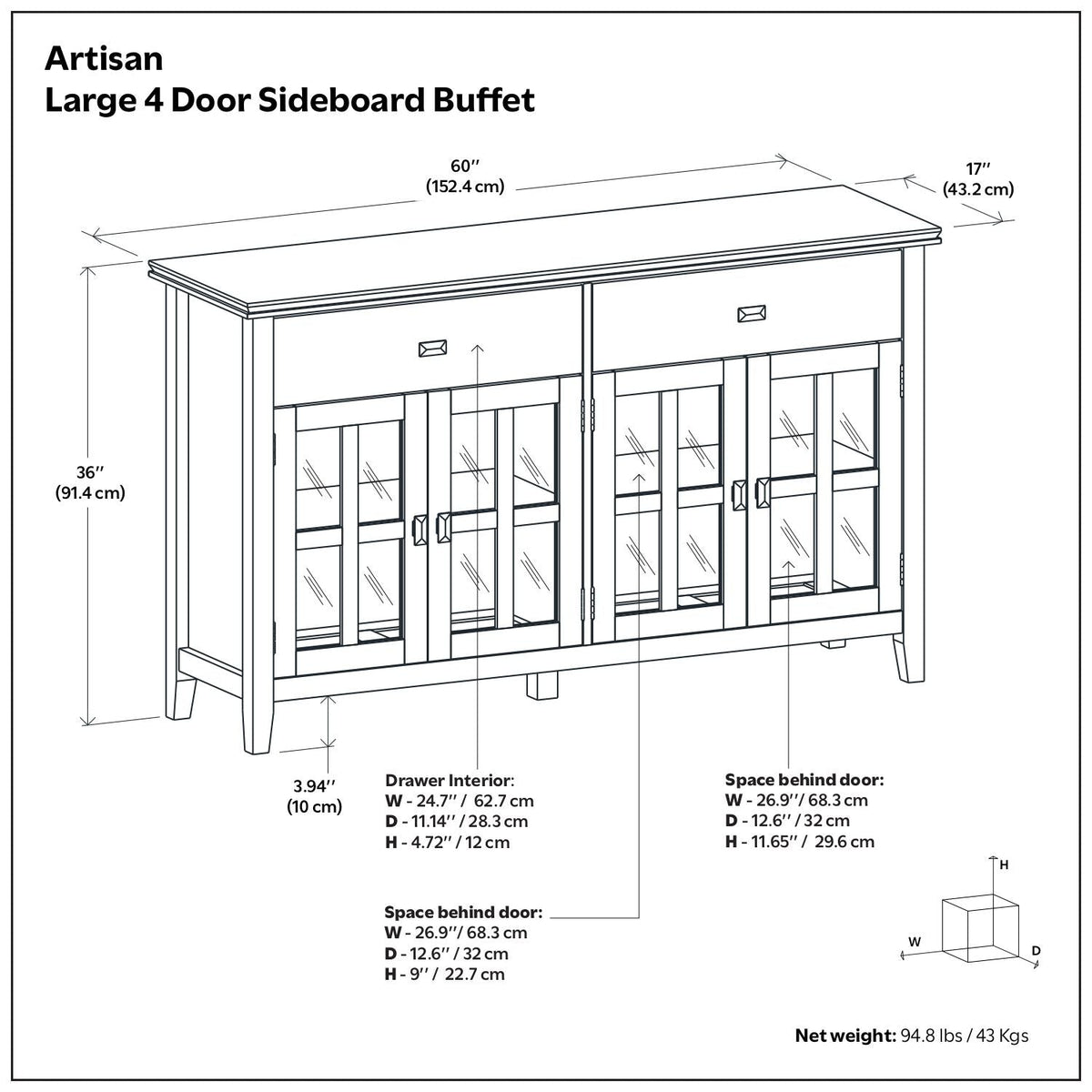 Artisan - Large 4 Door Sideboard Buffet - Brown