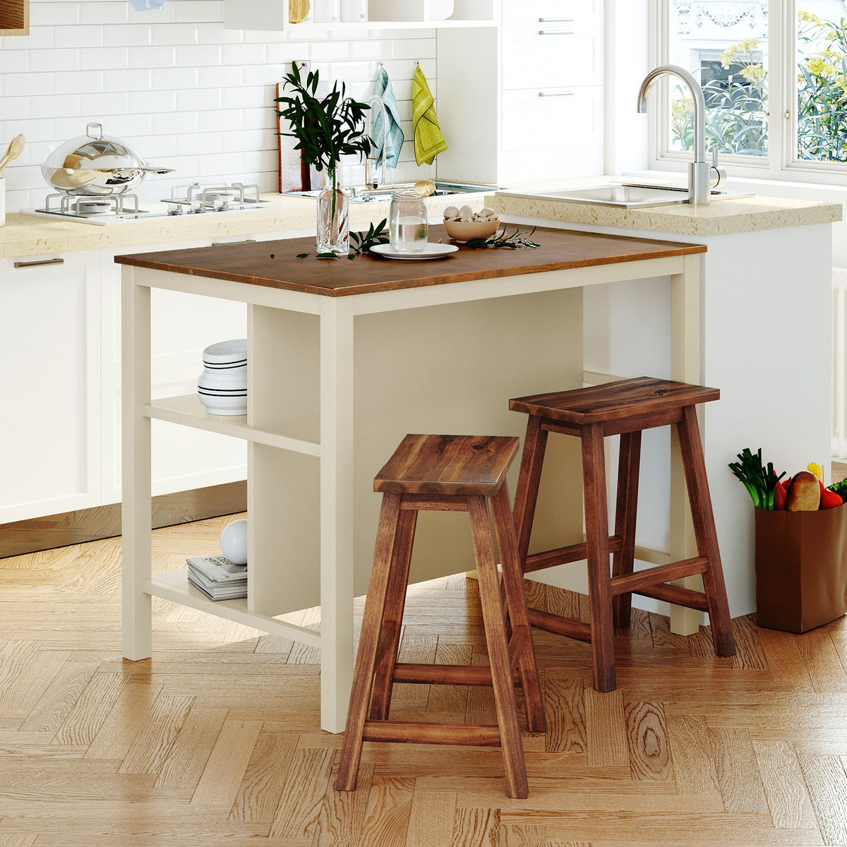 Rustic 3 Piece Stationary Kitchen Island Set With 2 Seatings, With 2 Open Shelves