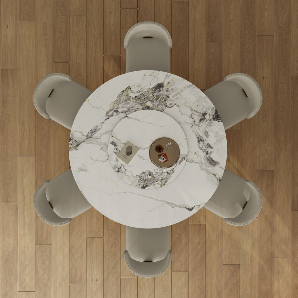Luxury Round 59" Sintered Stone Dining Table With Stainless Steel Hourglass Base, Scratch & Heat Resistant Surface - Golden / White