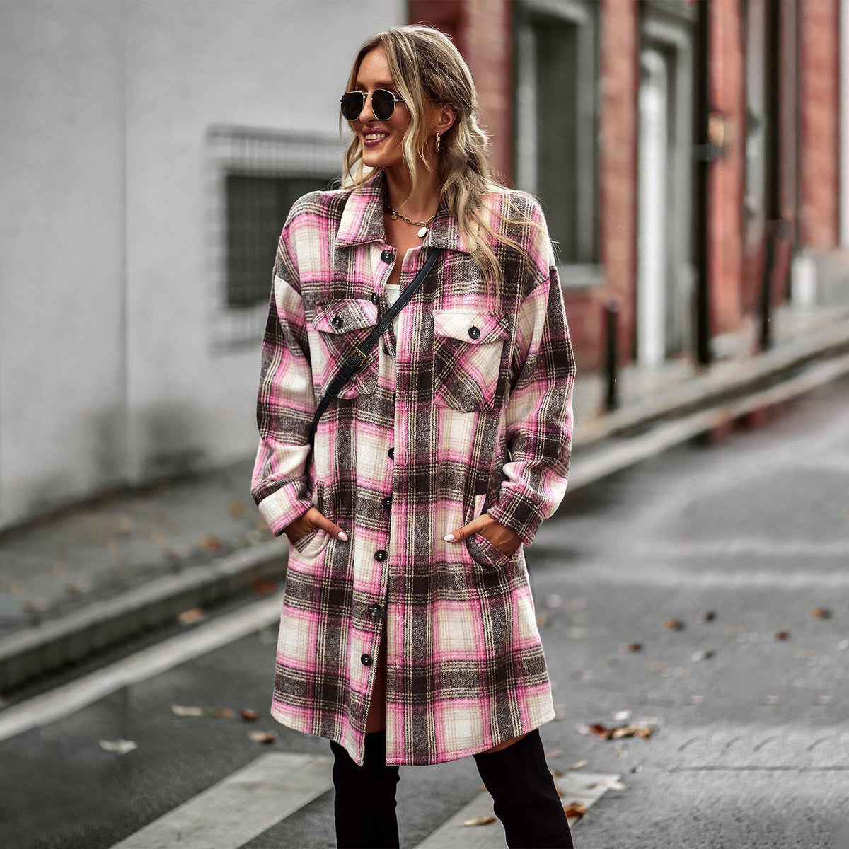 Women's Slim Fit Plaid Cardigan Coat – Long Sleeve Woolen Outerwear