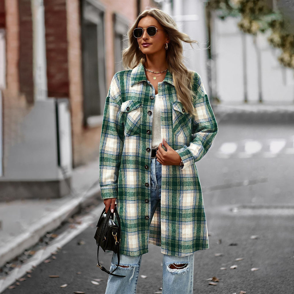 Women's Slim Fit Plaid Cardigan Coat – Long Sleeve Woolen Outerwear