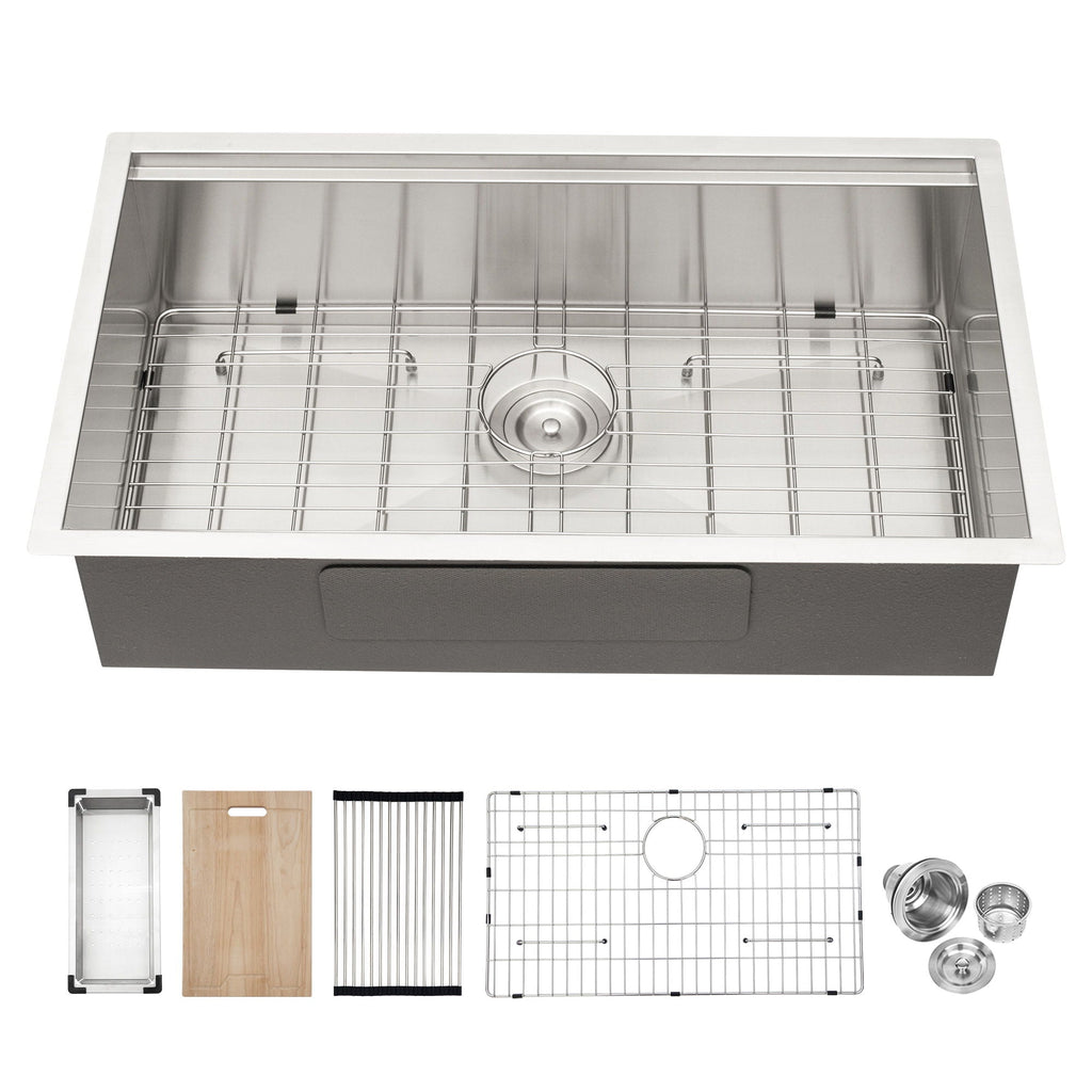 32" Undermount Kitchen Sink Brushed Nickel 16 Gauge Stainless Steel Single Bowl With Ledge Workstation, 32 X 19 X 9 Inch