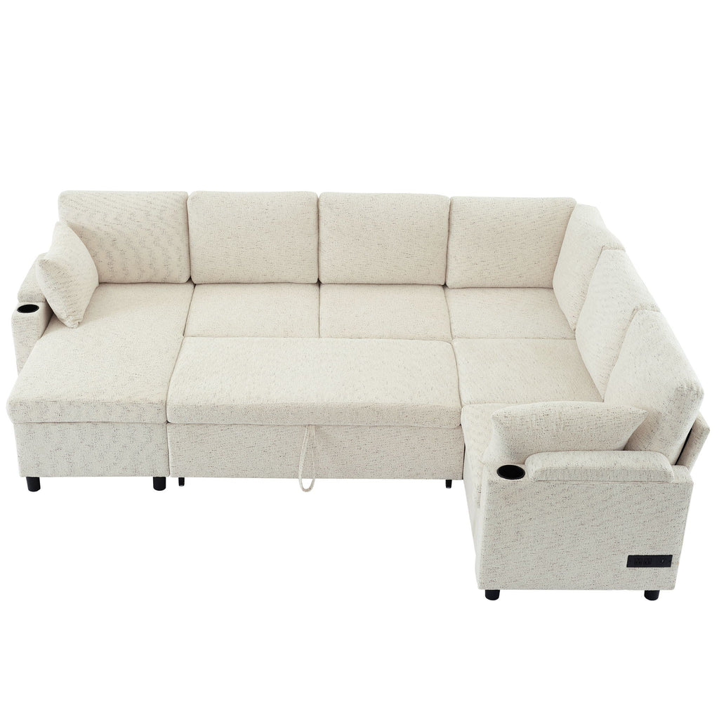 U-Shaped Sectional Sleeper Sofa With Ample Storage Space, 2 Cup Holders And Charging Ports For Living Room