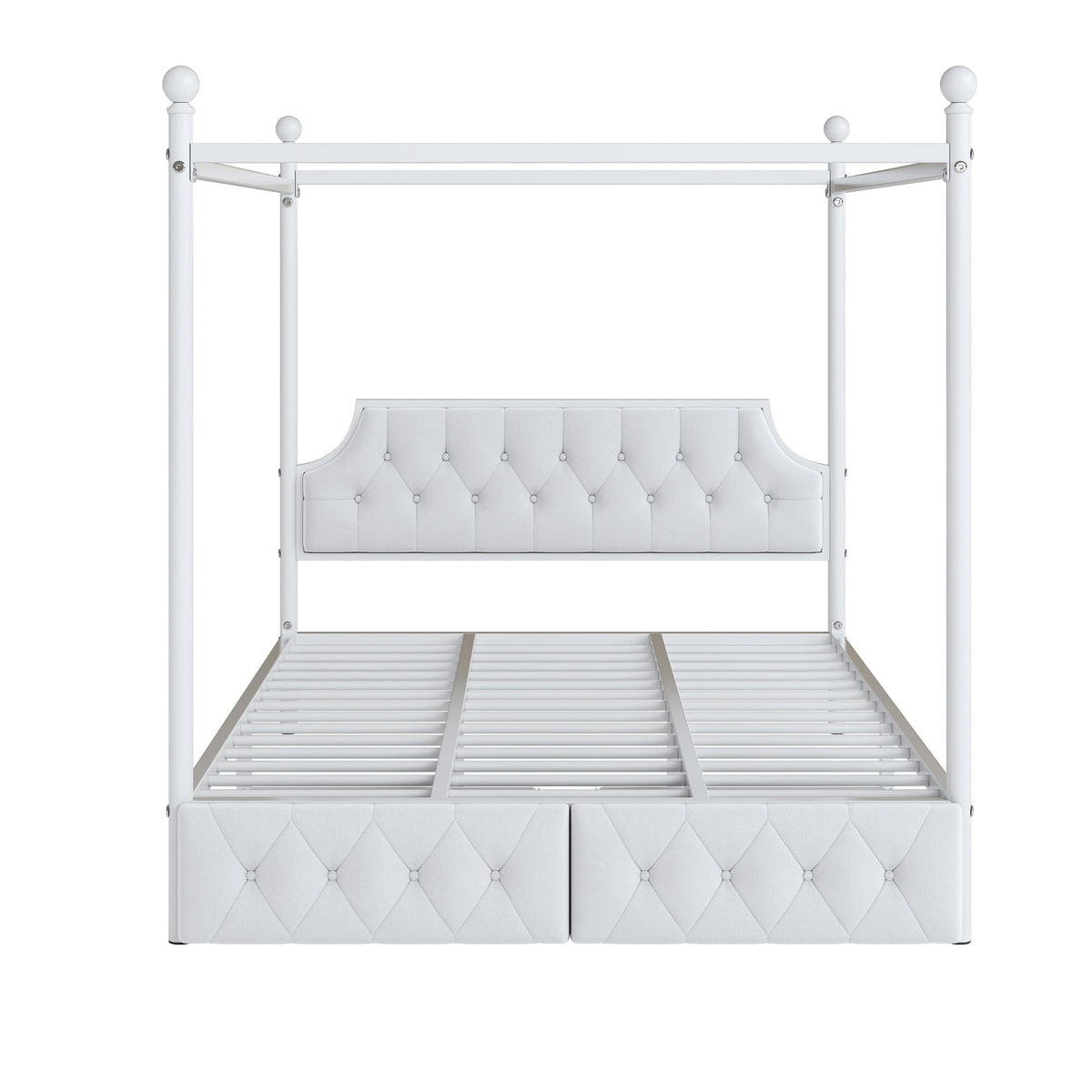 Queen Size Canopy Platform Bed With Upholstered Headboard And 2 Storage Drawers - White