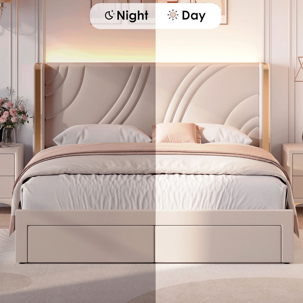 Modern Upholstered LED Bed Frame With Storage Drawers, Wingback Headboard, RGB Light