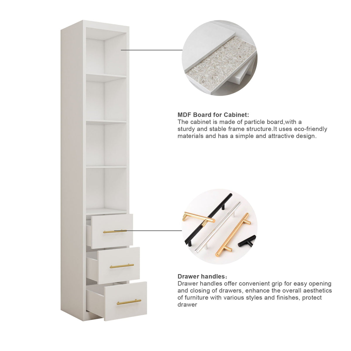Tall Storage Cabinet With 3 Drawers For Bedroom - White