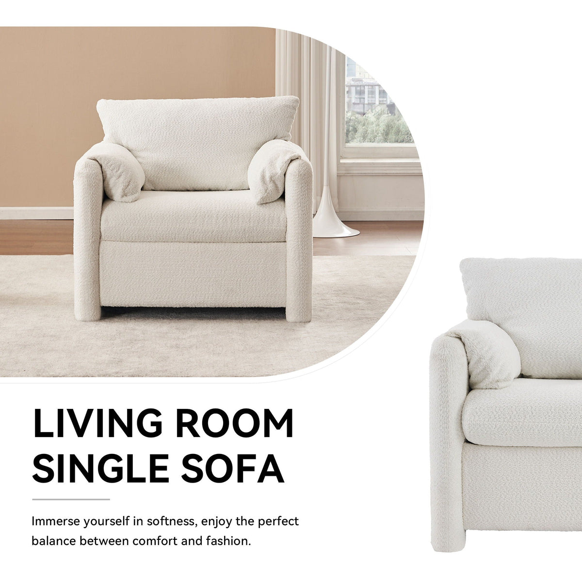 Fixed Modern Accent Chair Single Seater Plush Chenille Lounge Chair With High Resilience Cushion - Ivory White