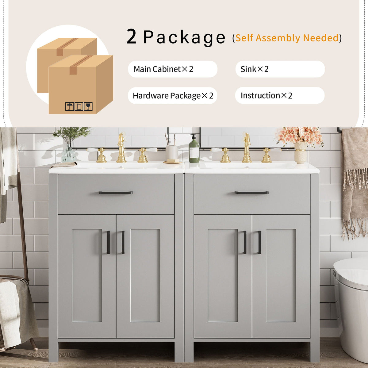Bathroom Vanity With Ceramic Sink, Soft Close Doors, Flip Drawer, Double Layer Door Shelves