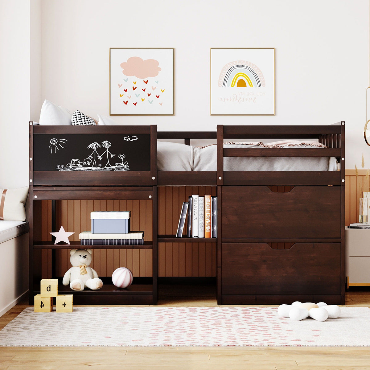 Low Loft Bed With Rolling Desk, Shelf And Drawers