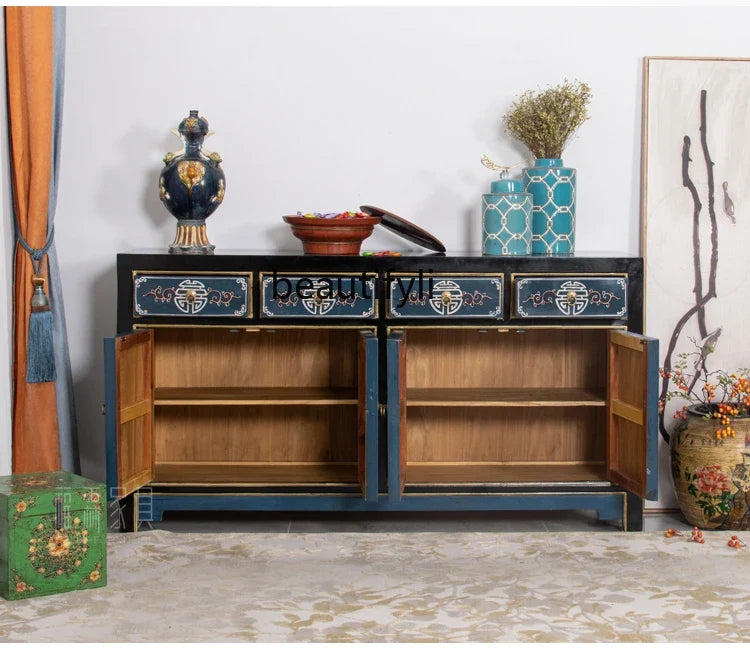 Antique-Style Chinese Hand-Painted Solid Wood Cabinet, 160 × 43 × 85 cm