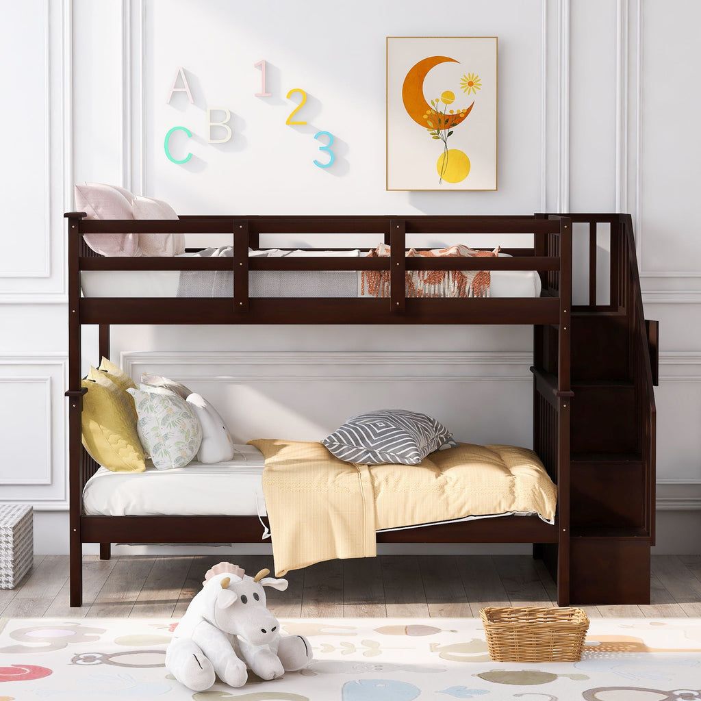 Stairway Bunk Bed With Storage And Guard Rail For Bedroom