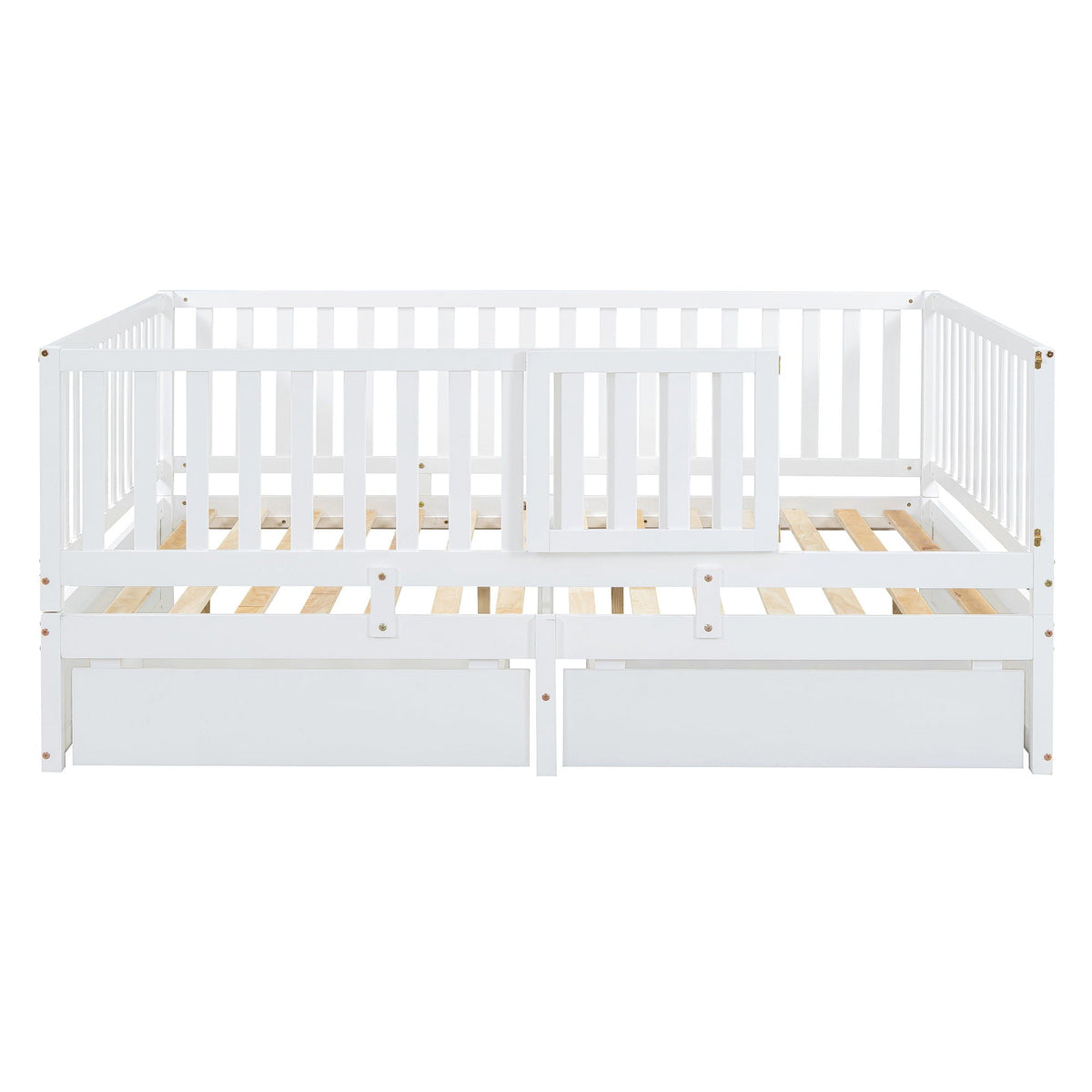 Daybed With Fence Guardrails And 2 Drawers, Split Into Independent Floor Bed & Daybed